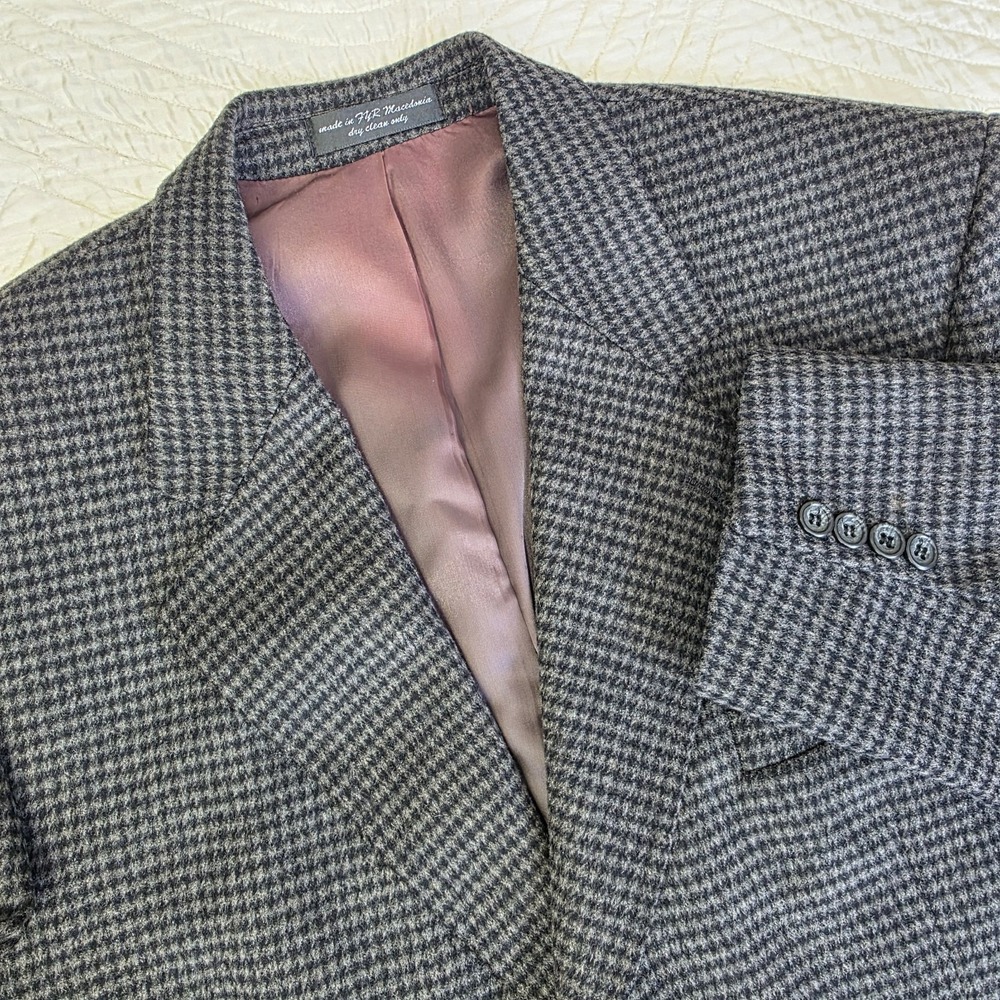 Vintage Blazer Jacket Men's 44L Black Gray Houndstooth Cashmere Blend Hipster